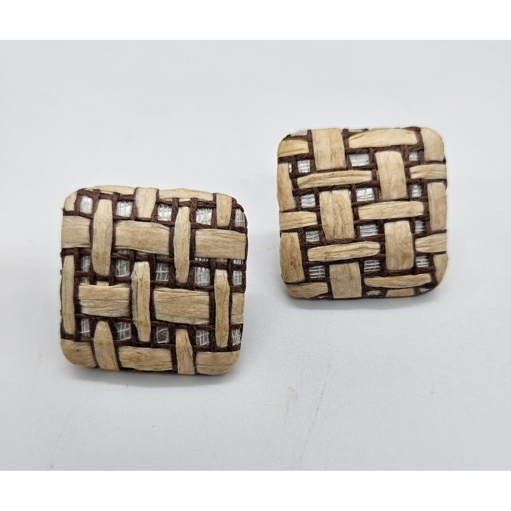 Vintage Woven Raffia Square Clip On Earrings Beige Brown‎ Boho Statement